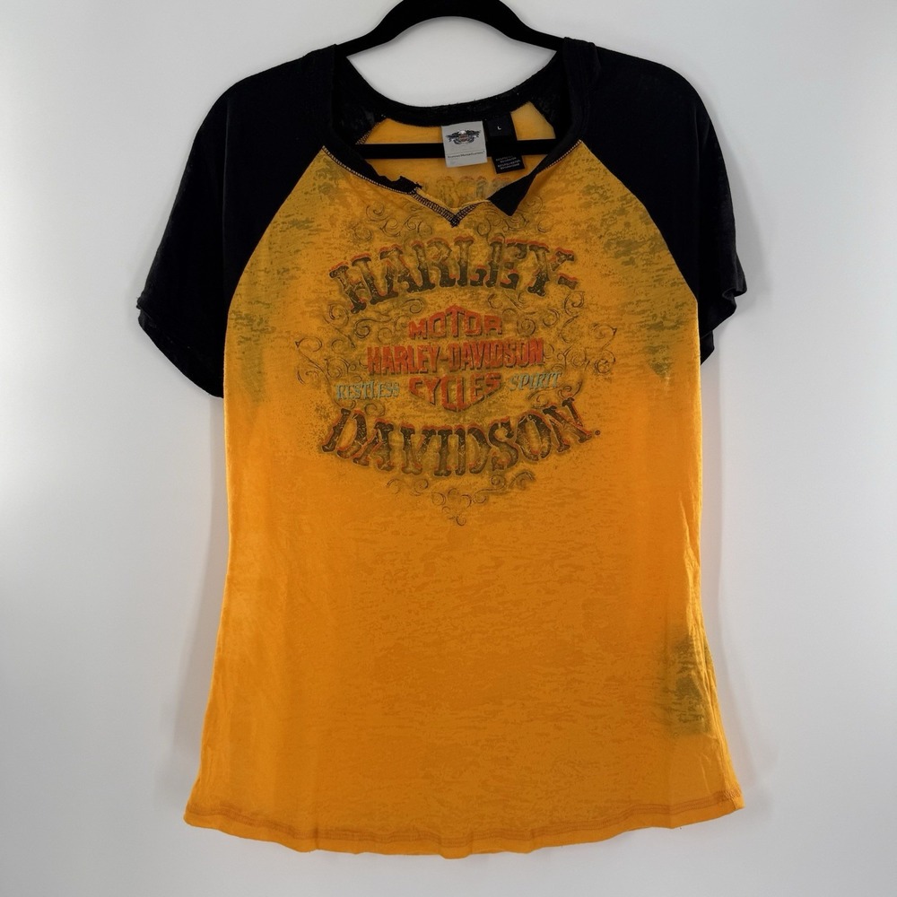 Harley-Davidson Women's Skull Crossbones Raglan Yellow Black Burnout Shirt L